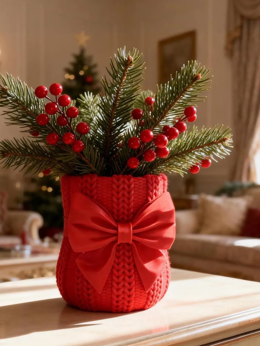 Othr Red Knit Bow Vase Cozy